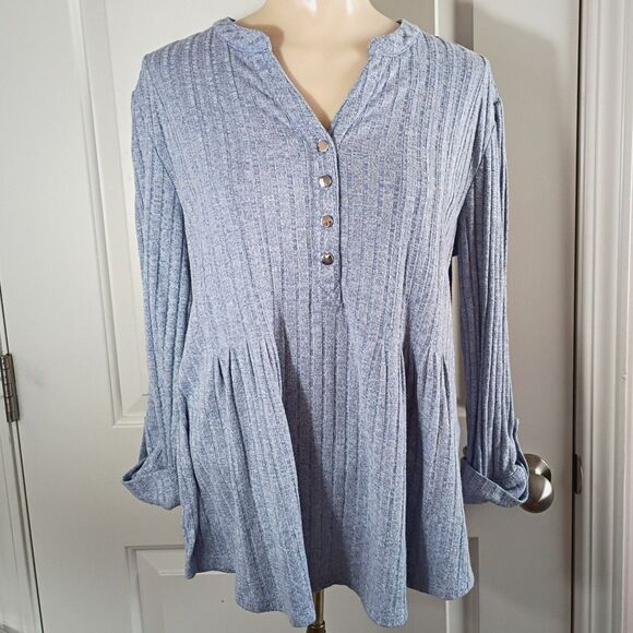 Cocomo Blue and Silver V Neck Swing Sweater Ribbed Button Up Roll Tab Sleeve L - Picture 1 of 9